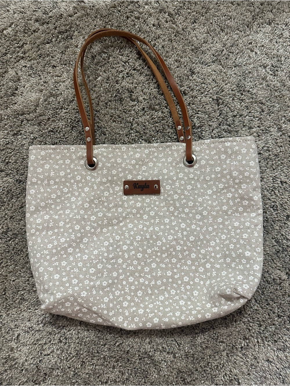 Source Unknown Beige Floral Canvas Tote with Tan Straps